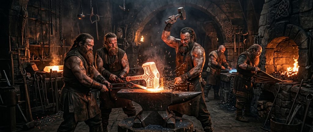 nains forgerons créant le marteau de Thor dans leur forge mythologique