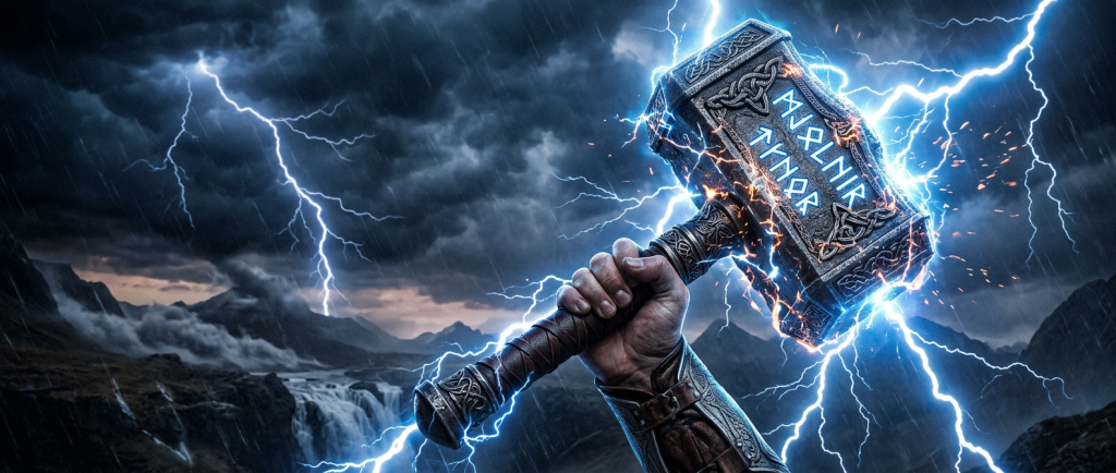 marteau de Thor Mjöllnir avec runes vikings et éclairs