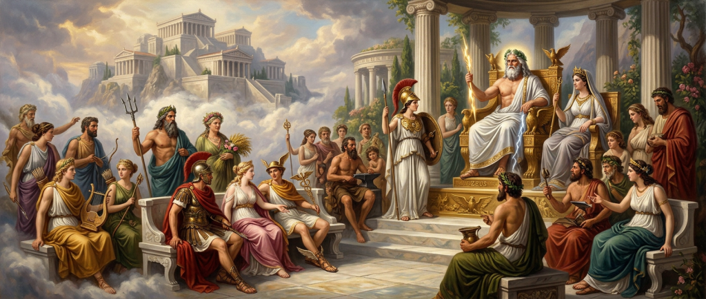 dieux grecs de l'Olympe en assemblée mythologique antique