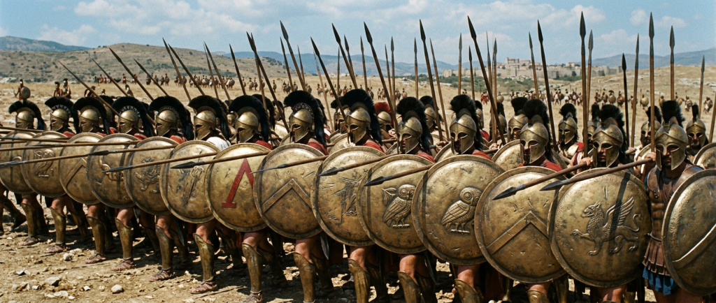 phalange hoplite grecque en formation serrée avec boucliers et lances