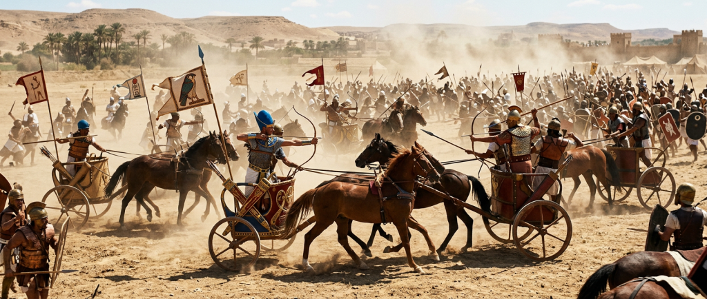 reconstitution bataille de Qadesh chars égyptiens hittites combat