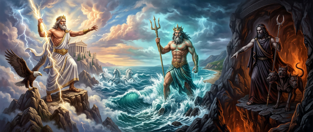Zeus Poséidon Hadès trois frères dieux grecs partage univers