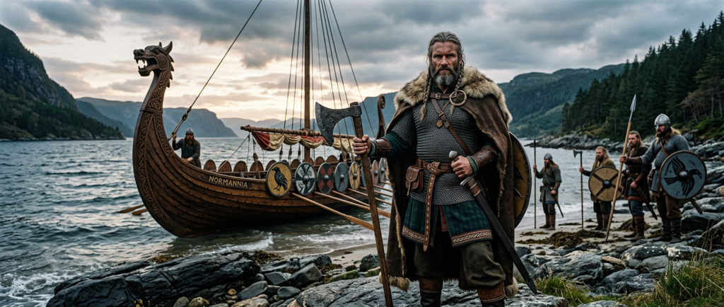 Rollo chef viking fondateur Normandie avec drakkar et hache